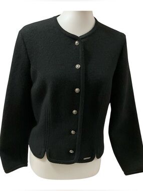 Geiger Austria Black Boiled Wool Jacket Womens Size 42 Large Austrian Cardigan
